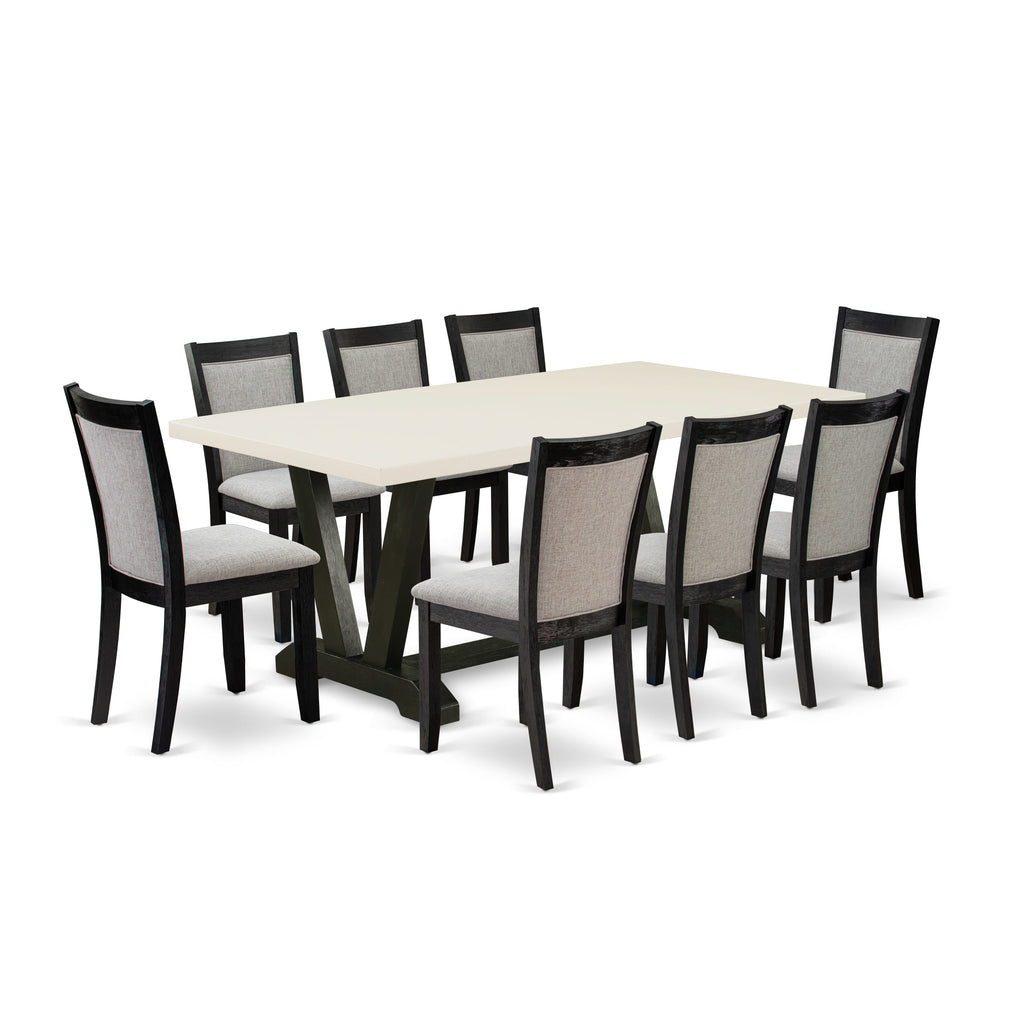 V627M35TV-7 9-Piece Dining Collection Rectangle Table with V-Shaped Legs & 8 Goth Grey Fabric Chairs, 40x72 Multi-Hue
