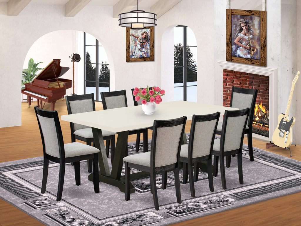 V627M35TV-7 9-Piece Dining Collection Rectangle Table with V-Shaped Legs & 8 Goth Grey Fabric Chairs, 40x72 Multi-Hue