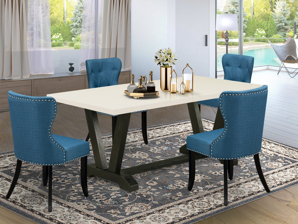 V627SPC50-Y 5-Piece Dining Ensemble - Rectangle Table with V-Legs & Four Blue Upholstered Chairs, Multi-Color