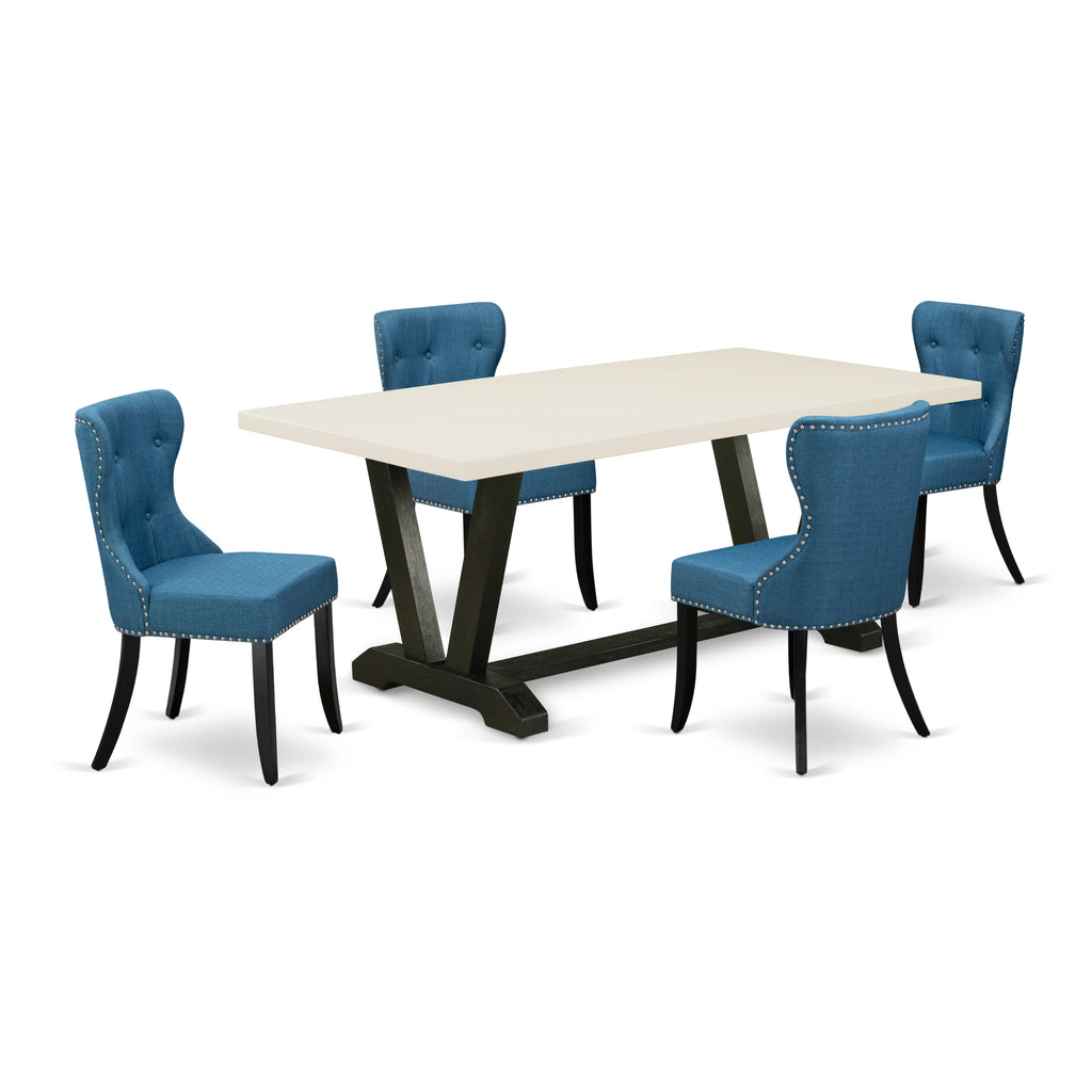 V627SPC50-Y 5-Piece Dining Ensemble - Rectangle Table with V-Legs & Four Blue Upholstered Chairs, Multi-Color