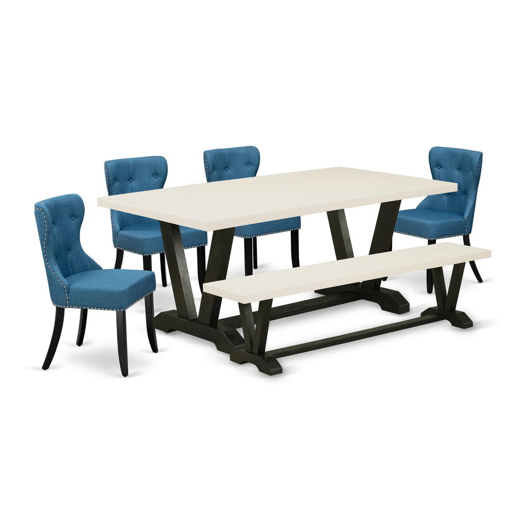 6-Piece V627S0APR-R Dining Set Rectangle Table, V-Legs, Parson Chairs, Bench, 40x72, Multi-Color