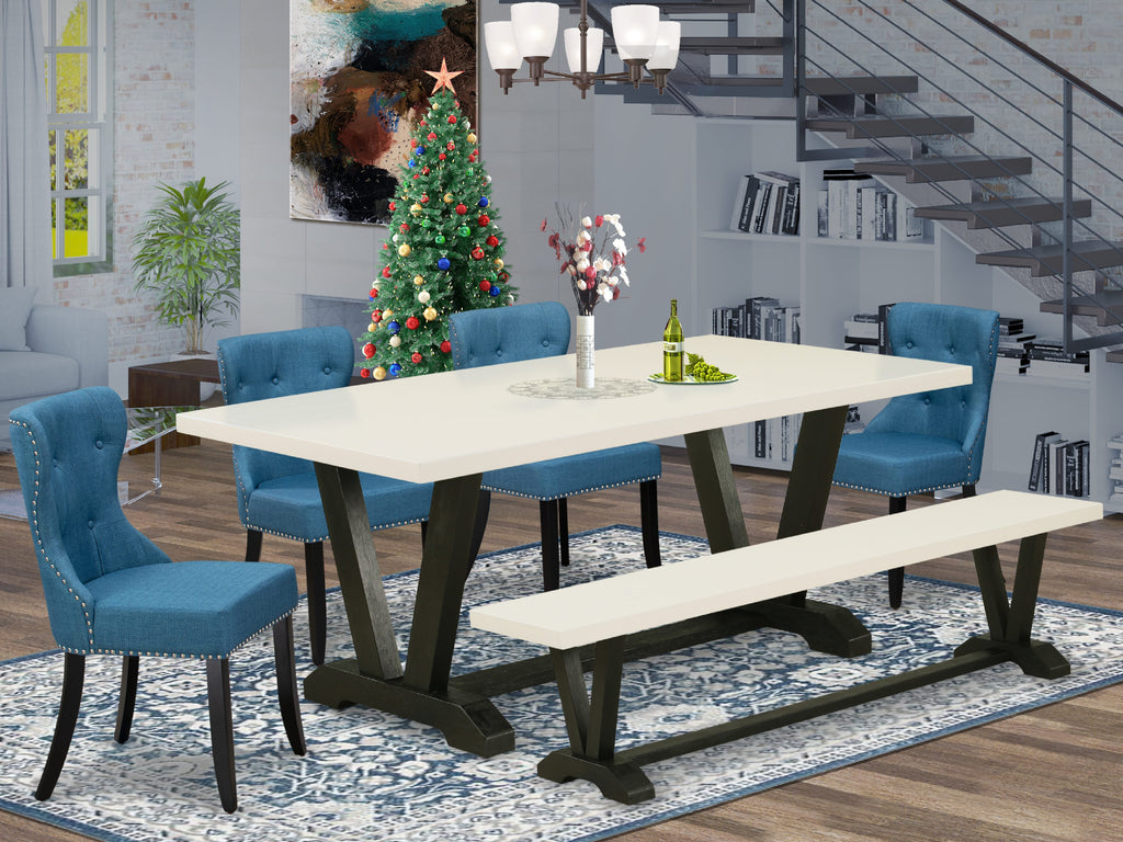 6-Piece V627S0APR-R Dining Set Rectangle Table, V-Legs, Parson Chairs, Bench, 40x72, Multi-Color