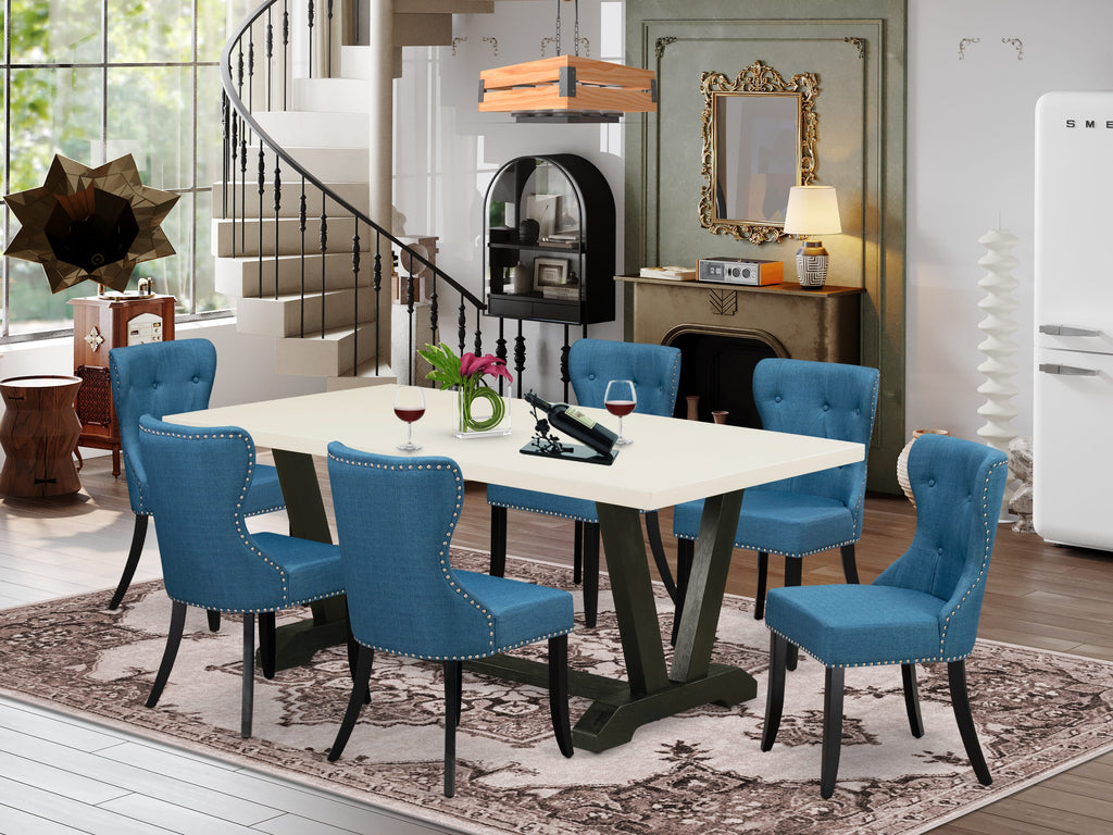V627SYILT-L 7pc Rectangle Table Set with V-Legs & Blue Linen Chairs, 40x72