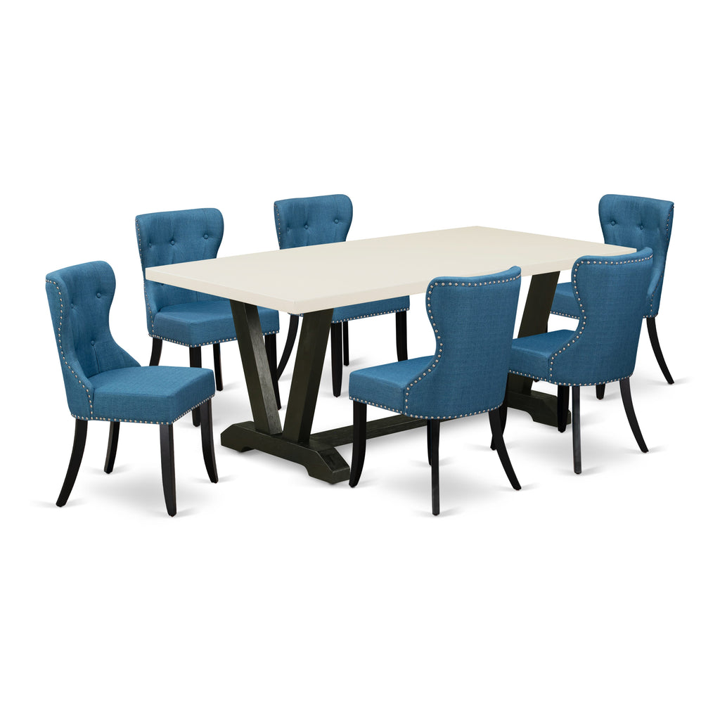 V627SYILT-L 7pc Rectangle Table Set with V-Legs & Blue Linen Chairs, 40x72