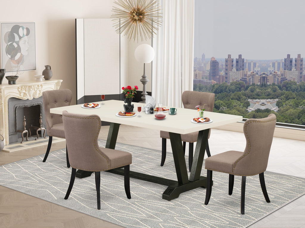V627SHM0D-E Elegant 5-Piece Set with Rectangular V-Leg Table & 4 Fabric Chairs, Multi-Color