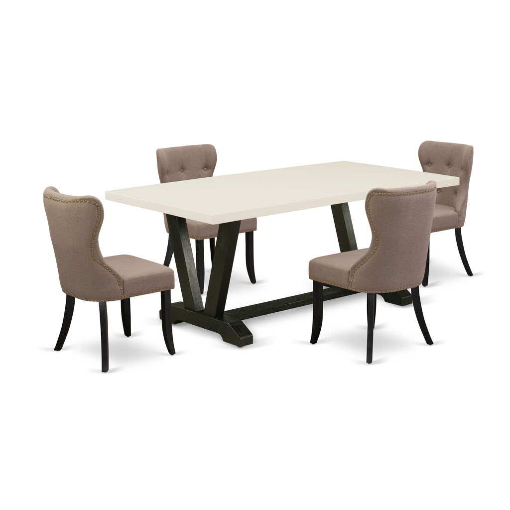 V627SHM0D-E Elegant 5-Piece Set with Rectangular V-Leg Table & 4 Fabric Chairs, Multi-Color