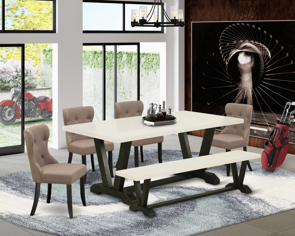 V627SQM0N-W 6-Piece Dining Ensemble with V-Leg Table and Linen Seats, Multi-Hued Design, 40x72