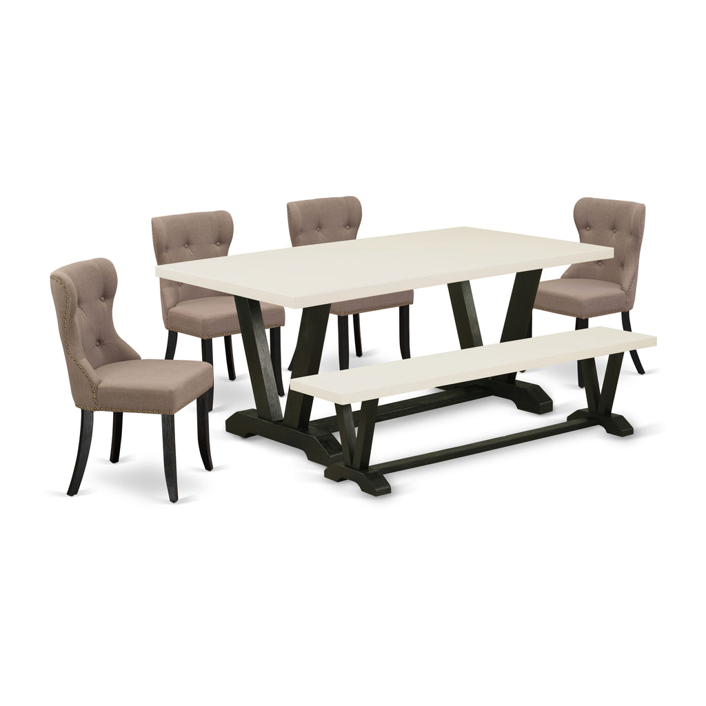V627SQM0N-W 6-Piece Dining Ensemble with V-Leg Table and Linen Seats, Multi-Hued Design, 40x72