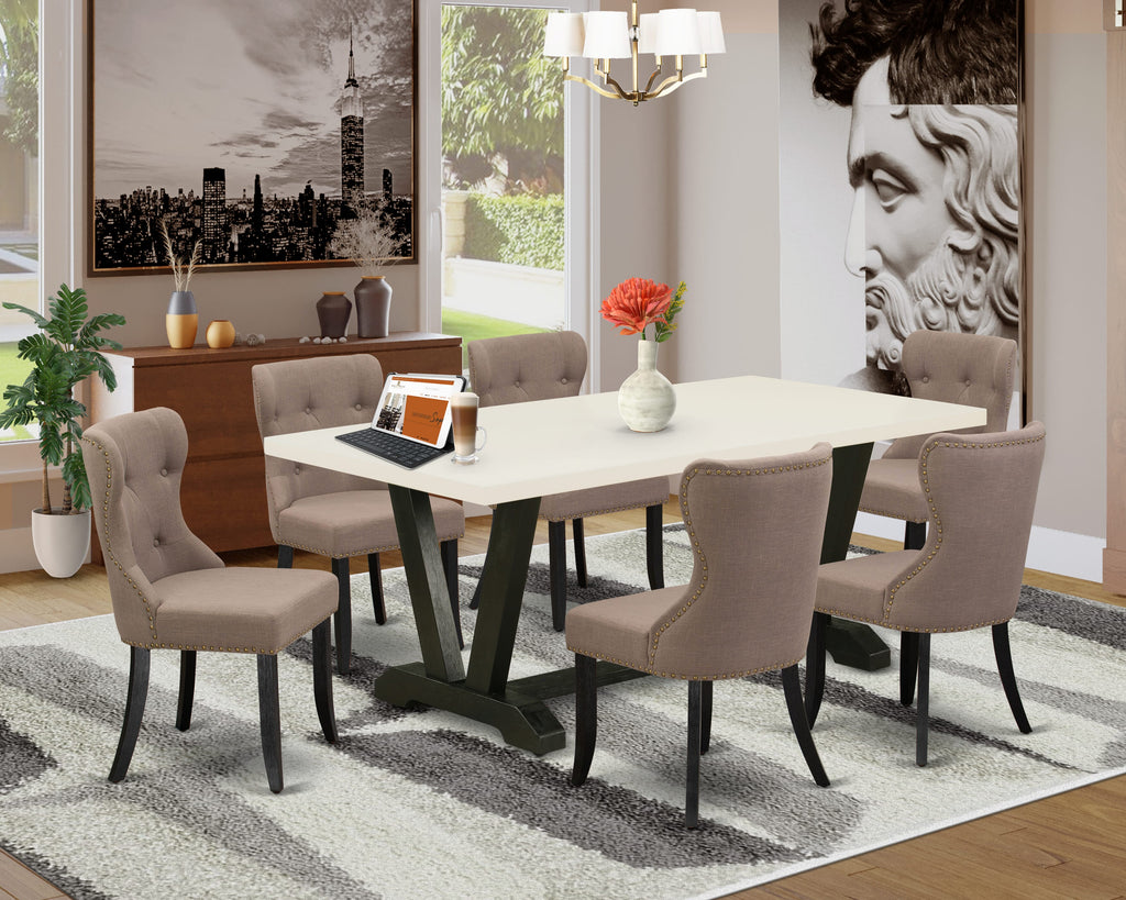 V627SAVKV-4 7-Piece Dining Ensemble Featuring Rectangular Wooden Table with V-Styled Legs & Six Linen Upholstered Chairs in Coffee Tint, 40x72 Multi-Hue