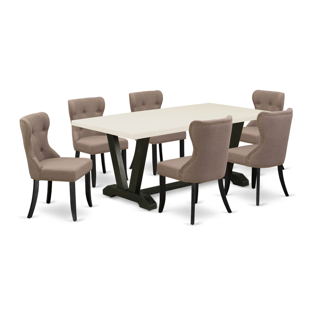 V627SAVKV-4 7-Piece Dining Ensemble Featuring Rectangular Wooden Table with V-Styled Legs & Six Linen Upholstered Chairs in Coffee Tint, 40x72 Multi-Hue