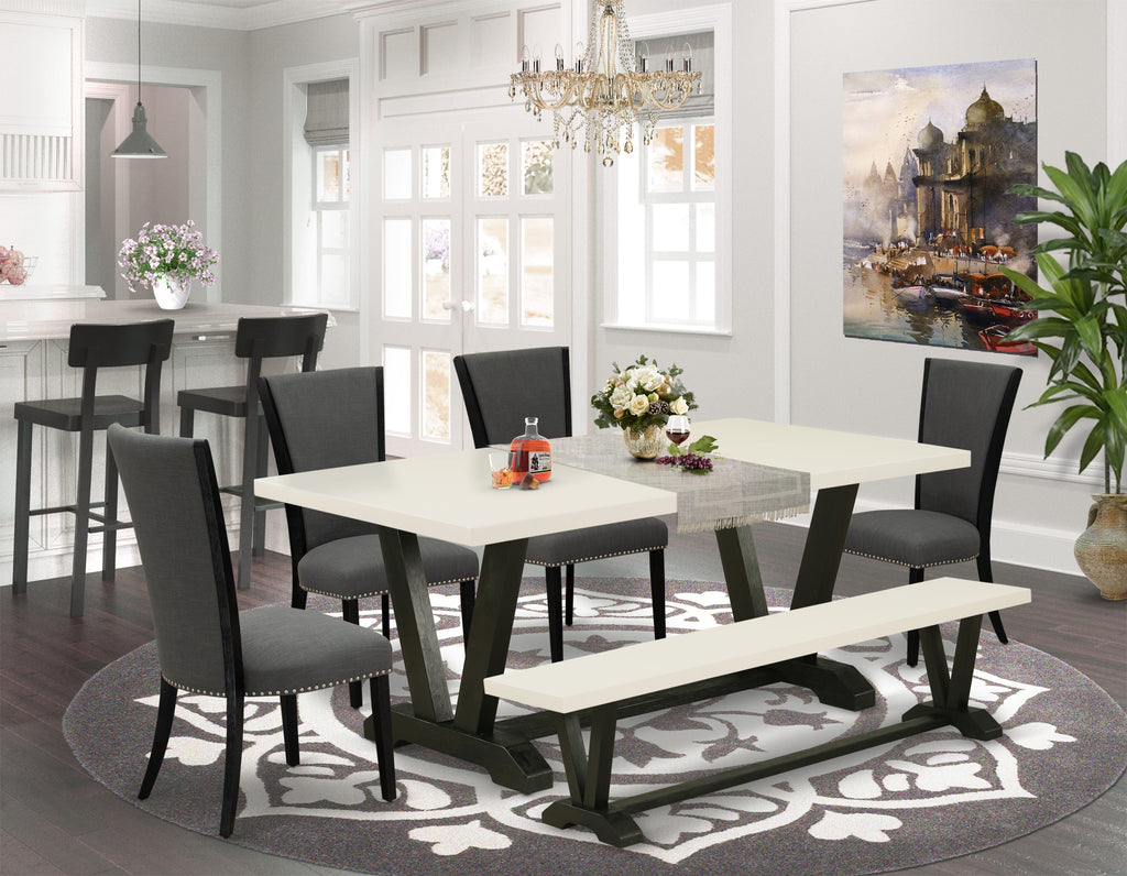 V627VUE46-R| Dining Ensemble for 6 Rectangle Table with V-Shaped Supports, 4 Gotham Linen Chairs & Bench, 40x72
