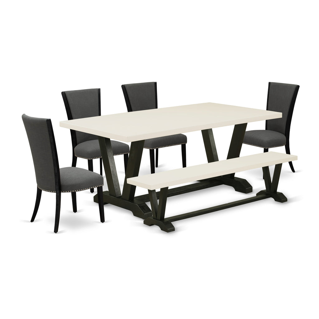 V627VUE46-R| Dining Ensemble for 6 Rectangle Table with V-Shaped Supports, 4 Gotham Linen Chairs & Bench, 40x72