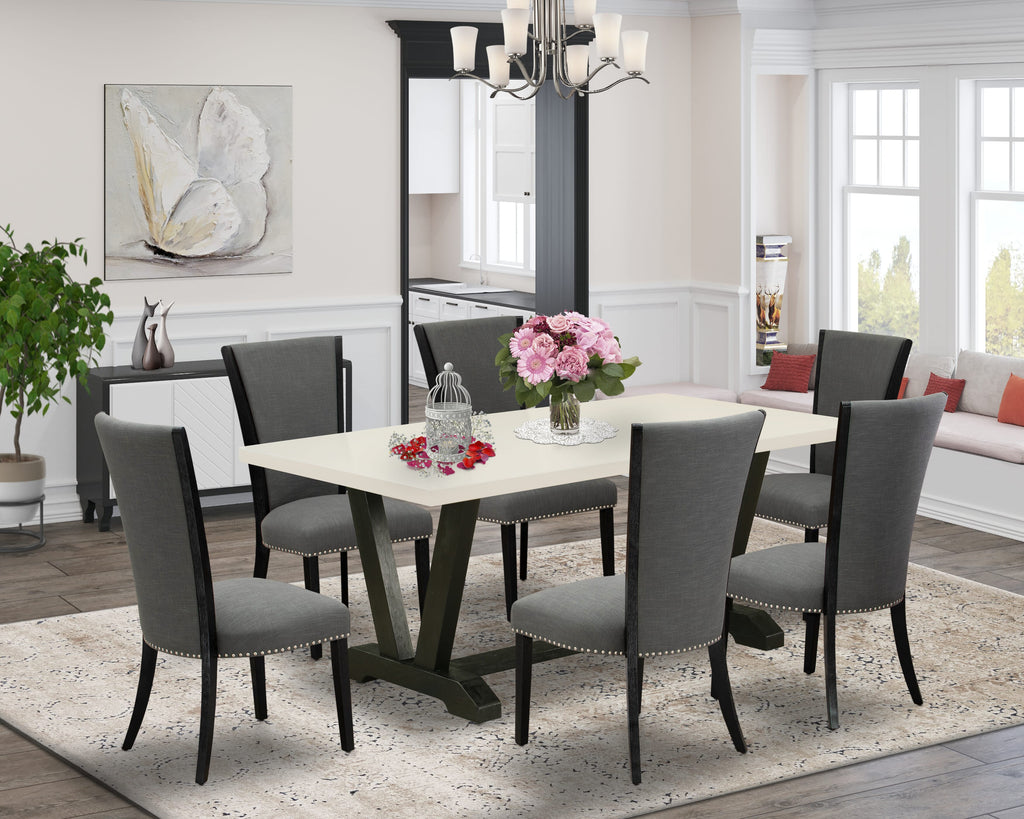 V627VN55L-E Stylish 7-Pc Dining Collection - Elegant Rectangular Table & 6 Parson Chairs in Luxe Black & Ivory Tones