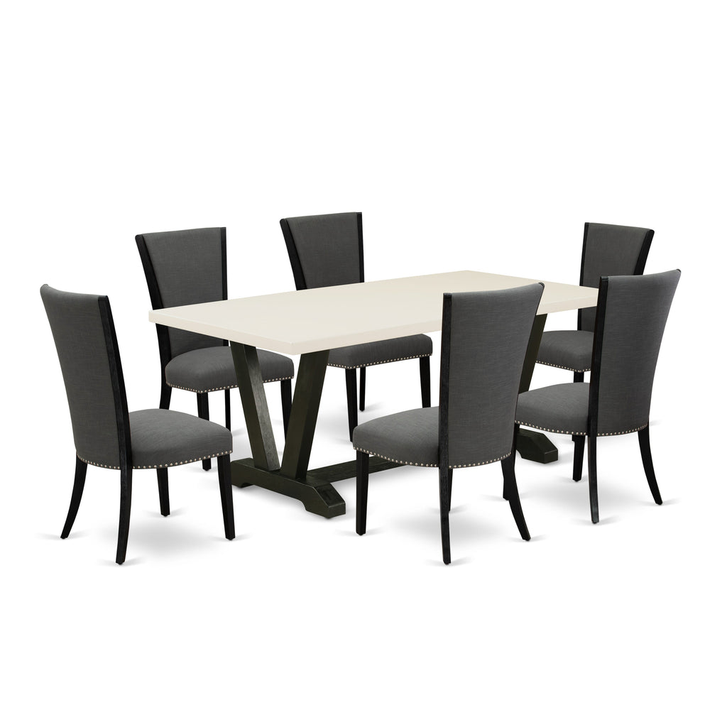 V627VN55L-E Stylish 7-Pc Dining Collection - Elegant Rectangular Table & 6 Parson Chairs in Luxe Black & Ivory Tones