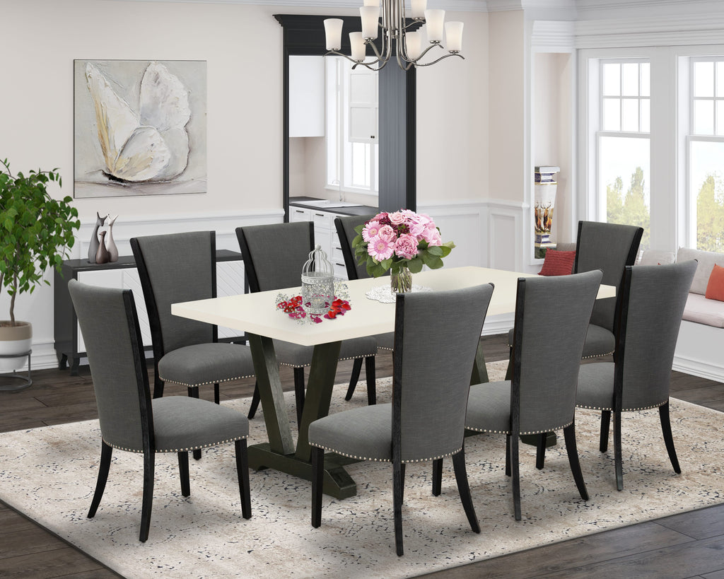 V627VIAZ9-G Charming Dining Ensemble 9 Pieces with 72 Rectangular Table & Plush Chairs in Wirebrush Black & Linen White