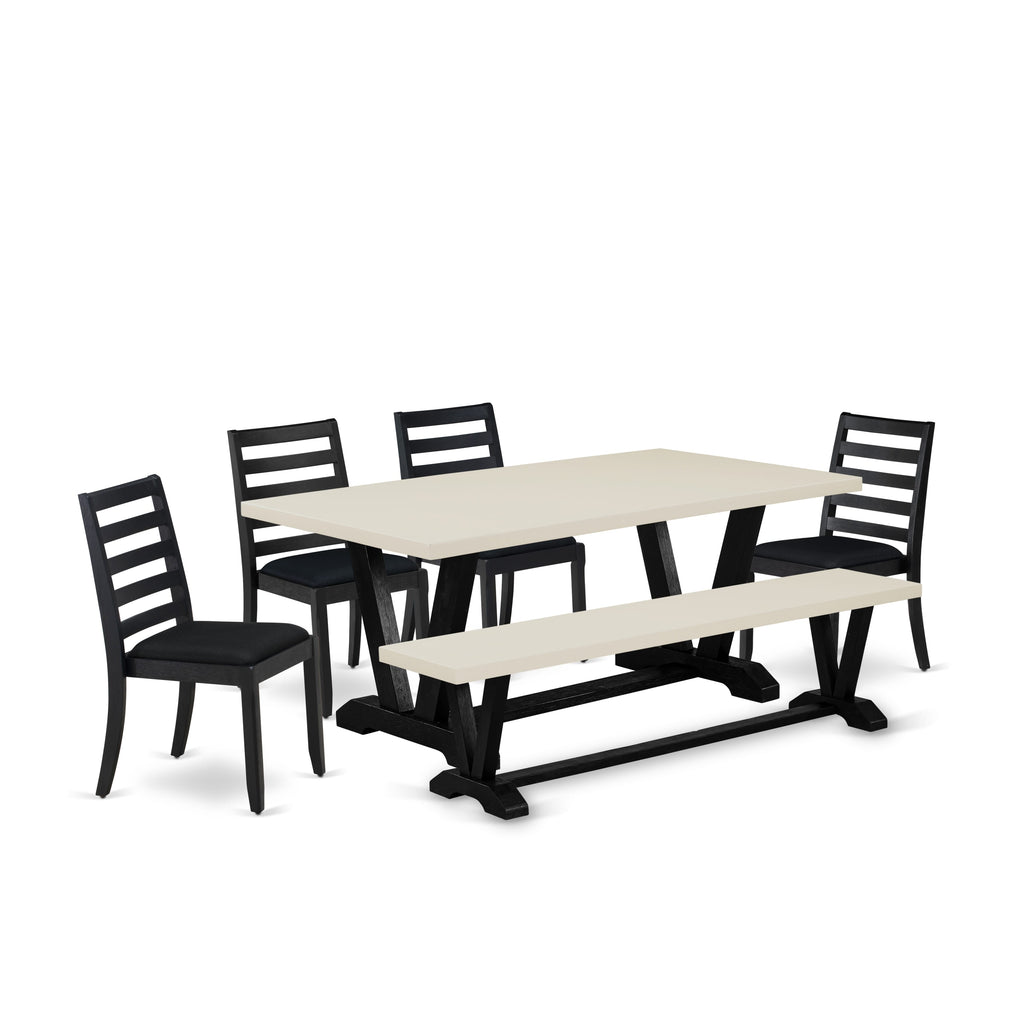 V627XO1QX-V 6-Piece Dining Set White Table & Bench with Black Chairs featuring Linen Fabric in Wire-Brushed Finish