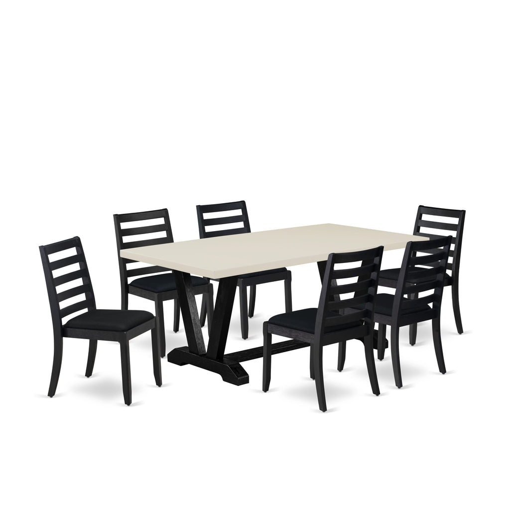 V627X8IAT-V 7-Piece Dining Set with Rectangular Table & 6 Stackable Black Fabric Chairs, Elegant Black Finish