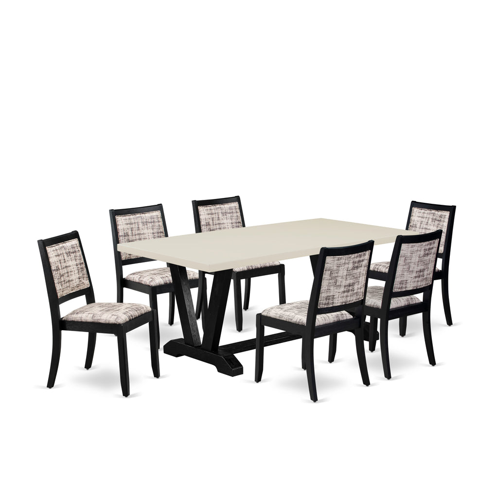 V627XRI0Q-S 7-Piece Dining Ensemble with Wooden Table and 6 Patterned Faux Leather Chairs, Neutral Finish