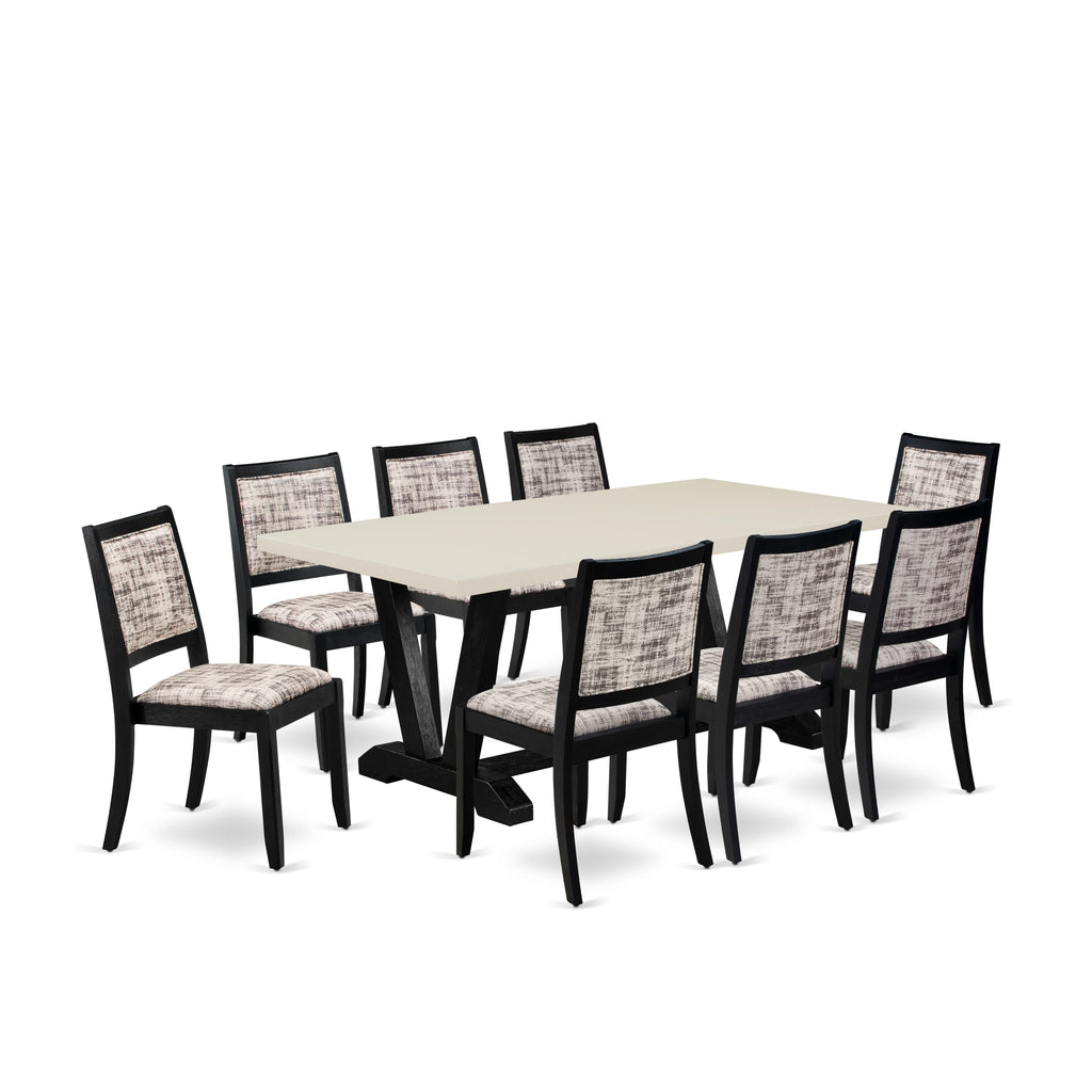 V627XPBU7-L 9-Piece Dining Set with Stylish White and Gray Patterned Seats and White Tabletop