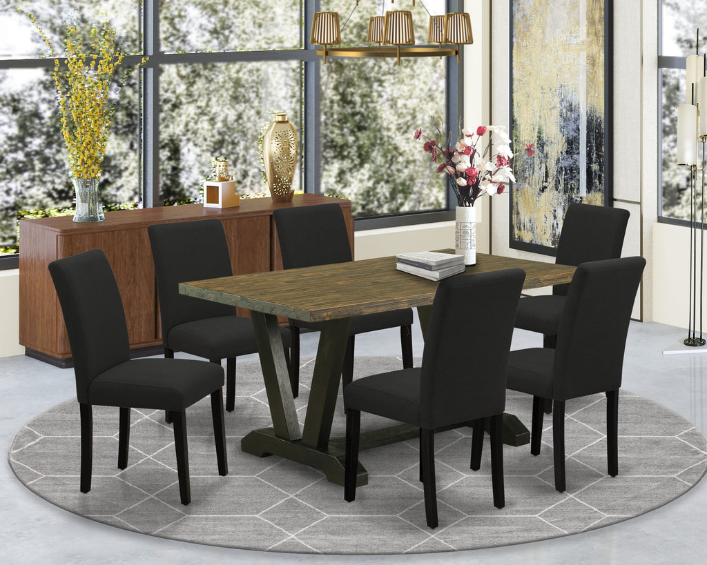 V676ARKKL-9 Stylish Dining Ensemble, 7-Piece Set with V-Leg Rectangle Table & 6 Black Linen Fabric Seats