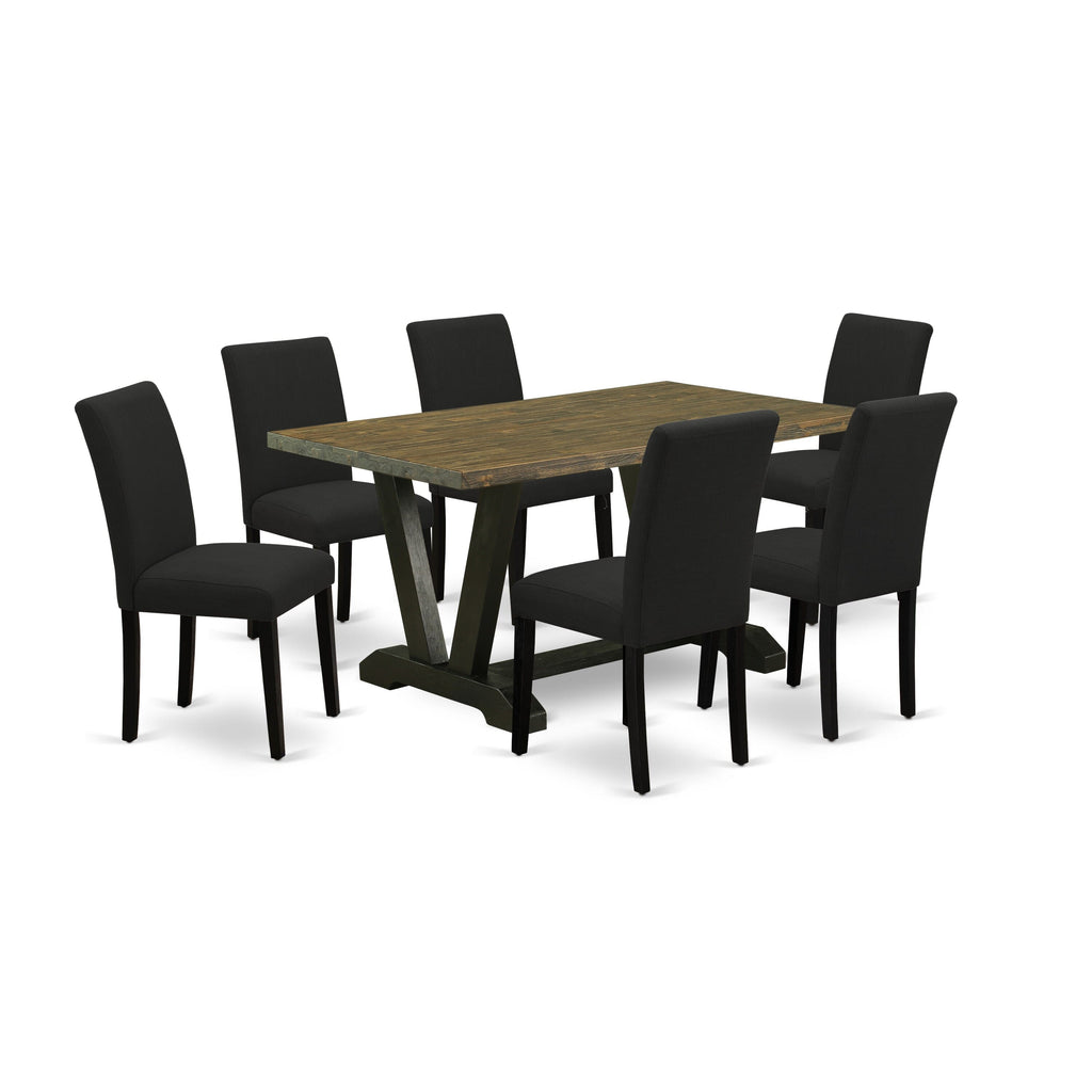 V676ARKKL-9 Stylish Dining Ensemble, 7-Piece Set with V-Leg Rectangle Table & 6 Black Linen Fabric Seats