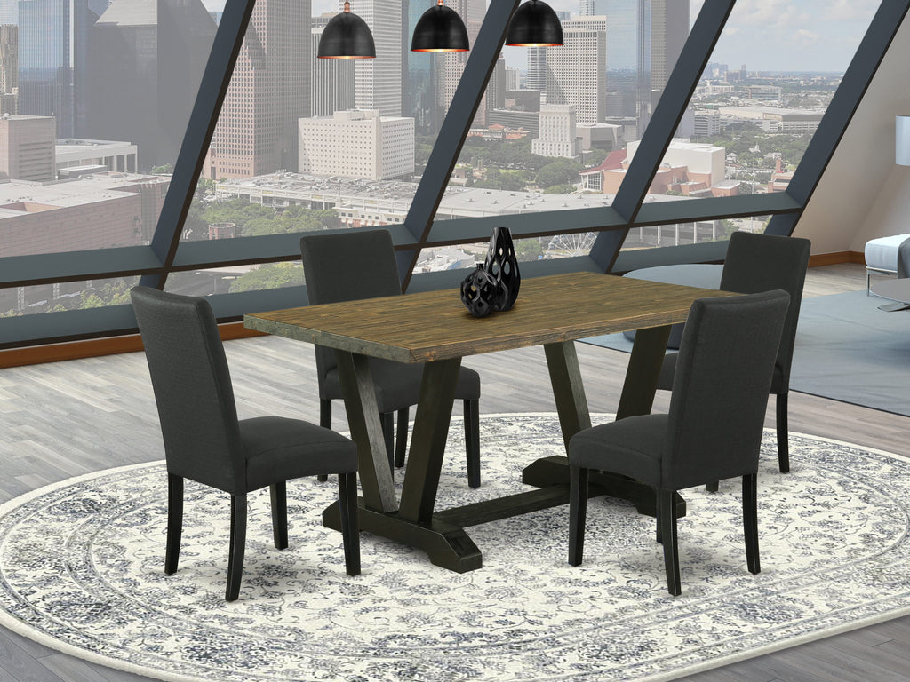 V676D6R23-V 5-Piece Dining Ensemble Rectangular Table with Unique V-Legs & 4 Elegant Black Upholstered Chairs, 36x60 Table