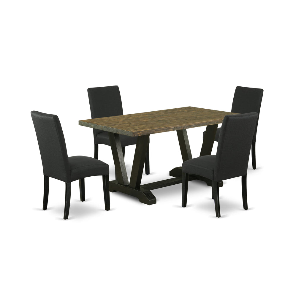 V676D6R23-V 5-Piece Dining Ensemble Rectangular Table with Unique V-Legs & 4 Elegant Black Upholstered Chairs, 36x60 Table