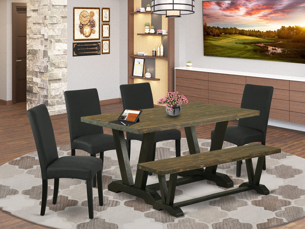 V676D856S-6 Elegant 6-Piece Dining Collection Rectangular V-Leg Table, Black Linen Parsons, Bench