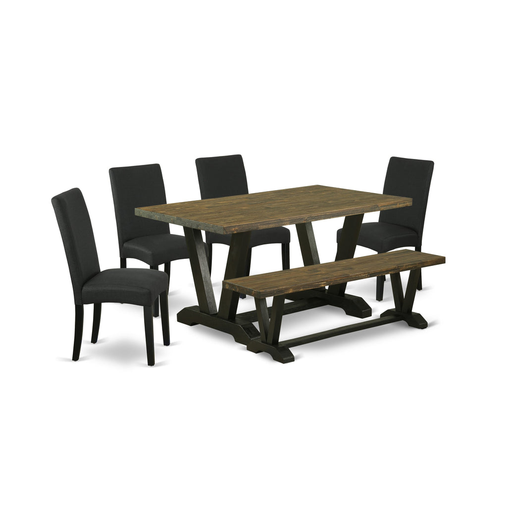 V676D856S-6 Elegant 6-Piece Dining Collection Rectangular V-Leg Table, Black Linen Parsons, Bench