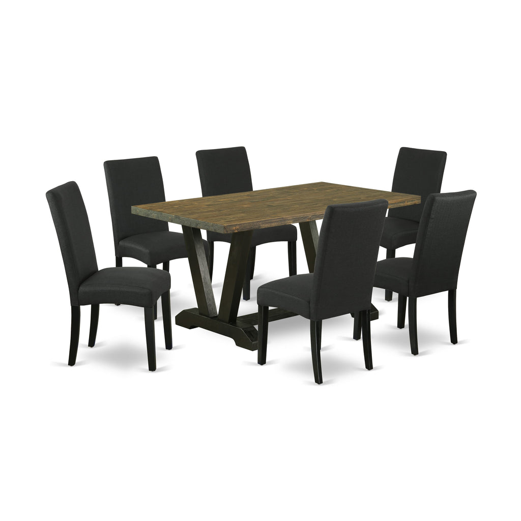 V676DGYL2-G Rectangle Dining Set Table with Stylish V-Legs and Six Elegant Black Upholstered Chairs, 36x60