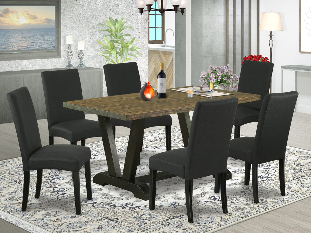 V676DGYL2-G Rectangle Dining Set Table with Stylish V-Legs and Six Elegant Black Upholstered Chairs, 36x60