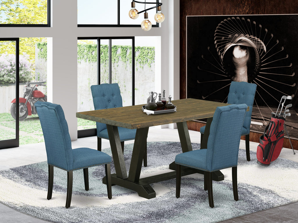 V676EQU4R-9 5-Piece Dining Set Rectangle Table with V-Legs & 4 Blue Upholstered Chairs 36x60 Inch