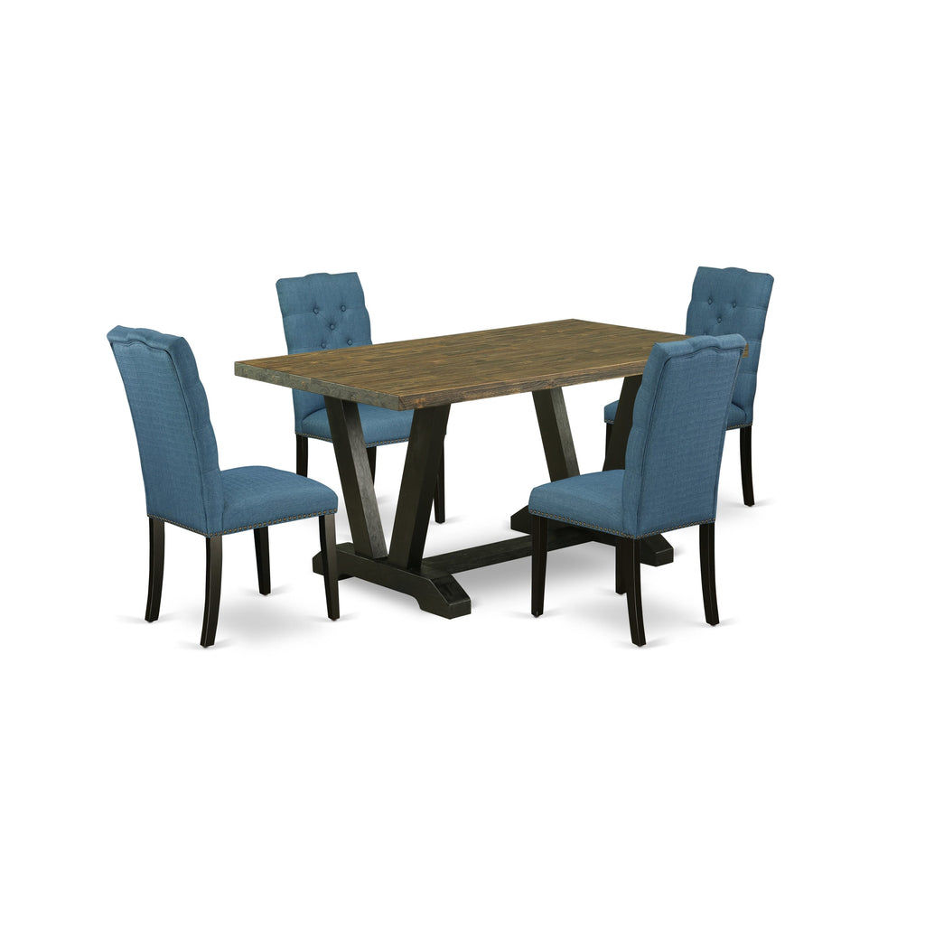 V676EQU4R-9 5-Piece Dining Set Rectangle Table with V-Legs & 4 Blue Upholstered Chairs 36x60 Inch