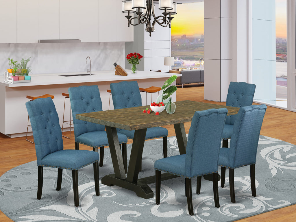 V676EY5R0-Q 7-Piece Dining Set with Rectangle Table and V-Leg Style Plus 6 Blue Fabric Dining Chairs, Multi-Colored