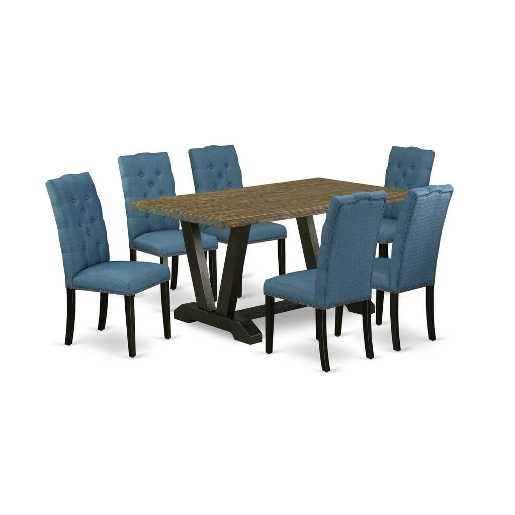 V676EY5R0-Q 7-Piece Dining Set with Rectangle Table and V-Leg Style Plus 6 Blue Fabric Dining Chairs, Multi-Colored