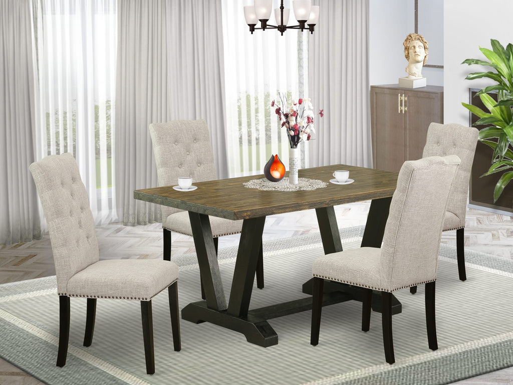 V676EFLI1-7 5 Piece Dining Collection with Rectangle Table Supported by V-Legs and 4 Upholstered Parson Chairs in Doeskin Fabric, 36x60 Inch, Multi-Color