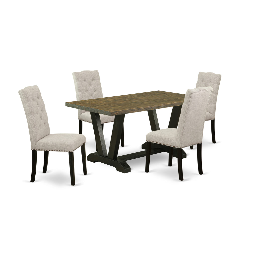 V676EFLI1-7 5 Piece Dining Collection with Rectangle Table Supported by V-Legs and 4 Upholstered Parson Chairs in Doeskin Fabric, 36x60 Inch, Multi-Color