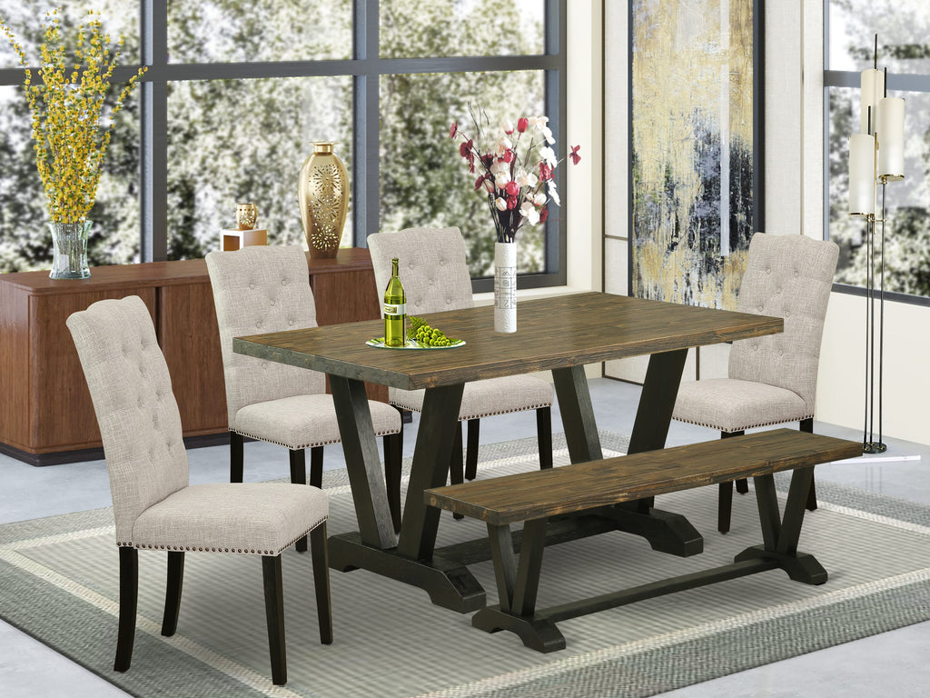 V676E0WTY-B 6-Piece Dining Set with Rectangular Table, V-Legs, 4 Doeskin Fabric Chairs & Bench, 36x60 Inch