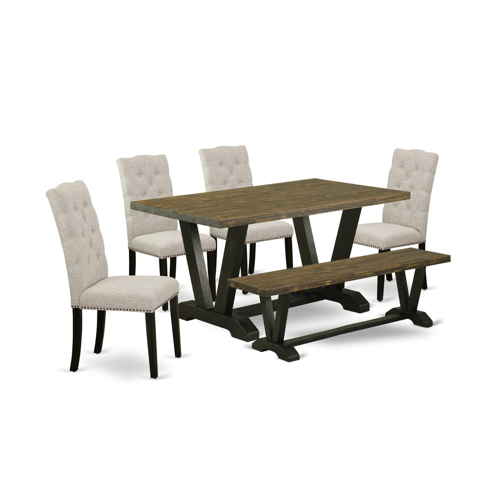 V676E0WTY-B 6-Piece Dining Set with Rectangular Table, V-Legs, 4 Doeskin Fabric Chairs & Bench, 36x60 Inch