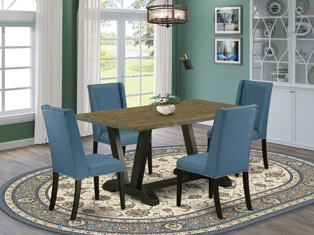 Nifty V676F81B7-Q Dining Ensemble V-Shaped Table & Four Blue Upholstered Linen Chairs Set