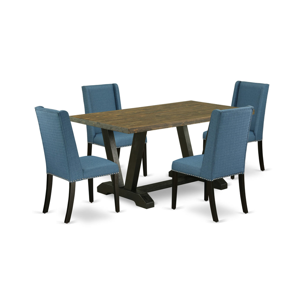 Nifty V676F81B7-Q Dining Ensemble V-Shaped Table & Four Blue Upholstered Linen Chairs Set