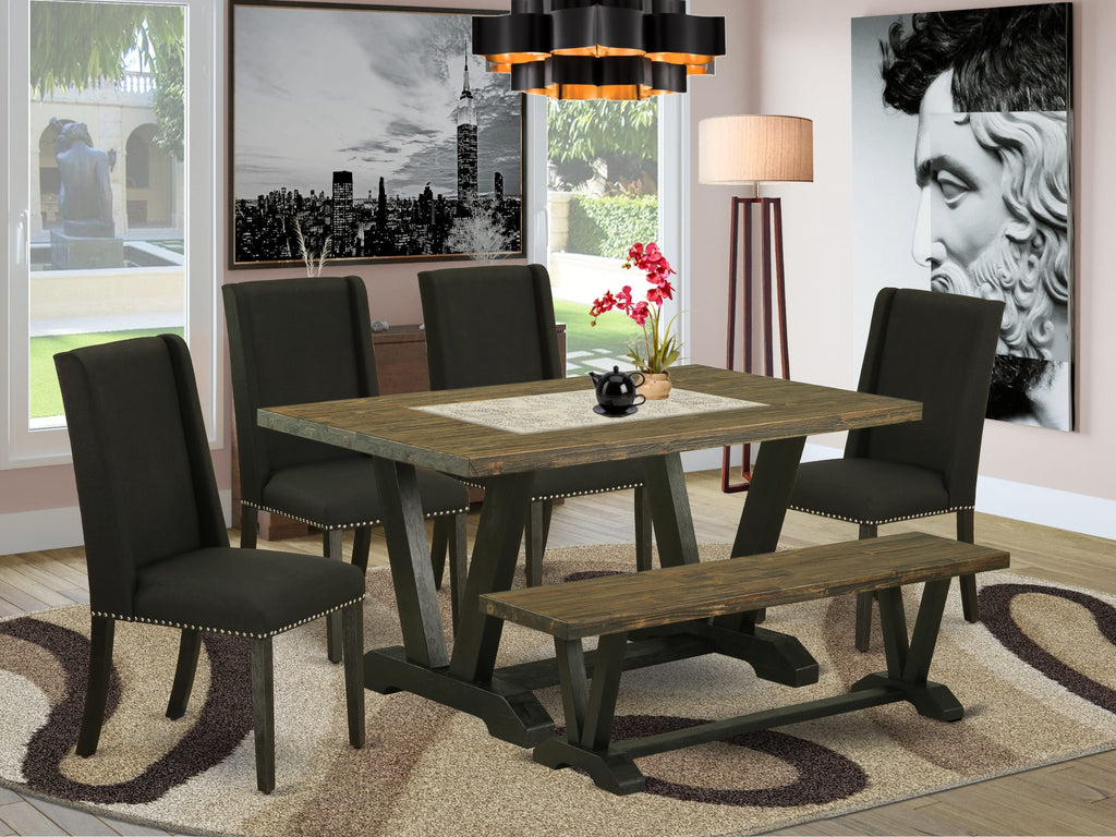 V676F3YPW-F 6-Piece Dining Collection, Rectangular Table on V-Bases with 4 Upholstered Seats & Bench, Multi-Color 36x60 Inches