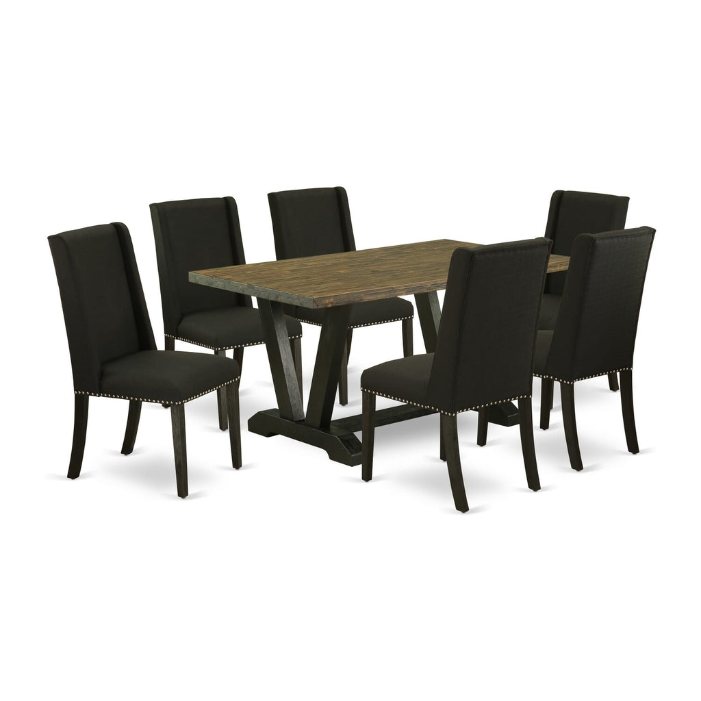 V676F7J55-R 7-Piece Dining Set with V-Legged Table, 6 Comfy Black Parson Chairs, Multi-Color 36x60 Inch