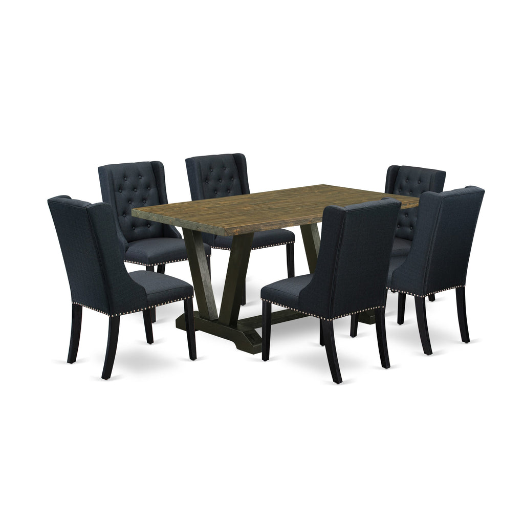 V676FNEMW-P 7pc Dining Set with V-Leg Table & 6 Parson Chairs, 36x60 Multi-Color