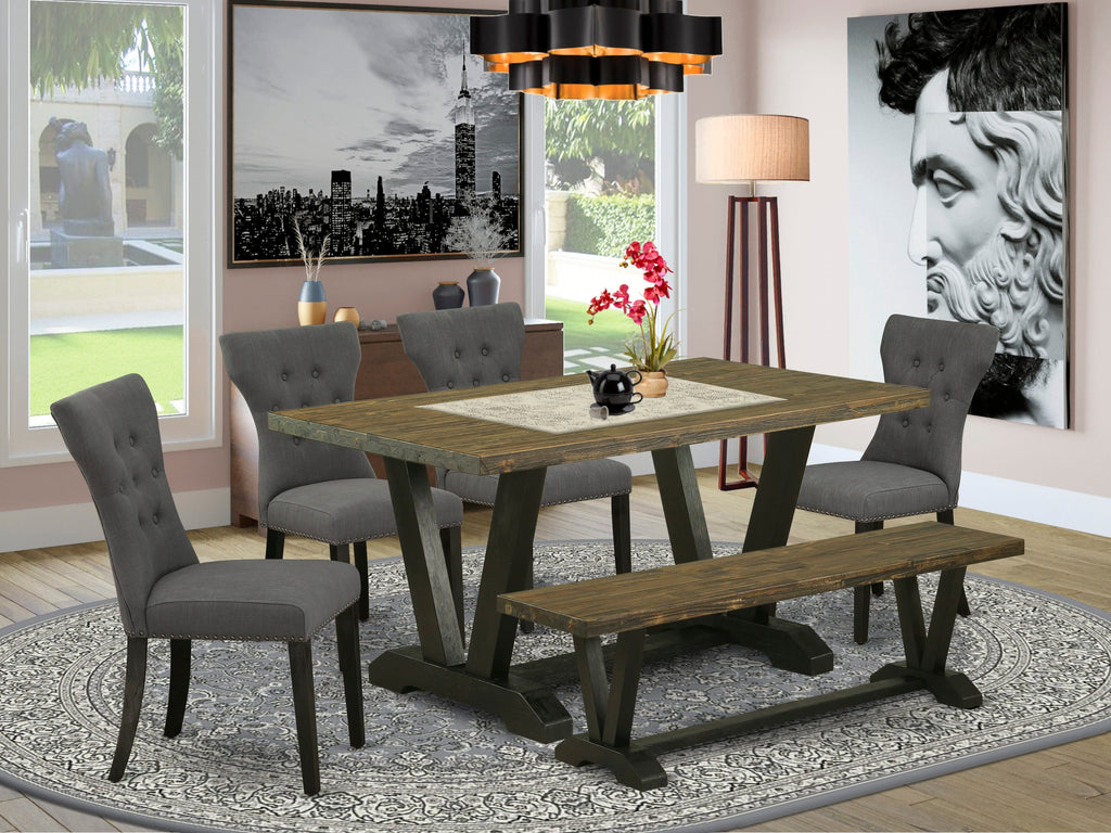 V676G7RV7-P 6-Piece Dining Ensemble with V-Leg Table, Parson Chairs & Bench in Multi-Tone Elegance
