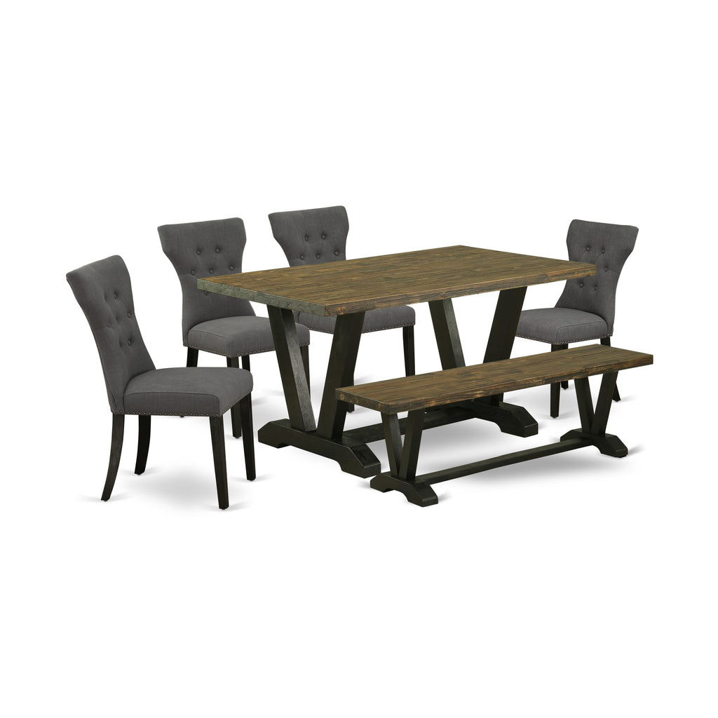 V676G7RV7-P 6-Piece Dining Ensemble with V-Leg Table, Parson Chairs & Bench in Multi-Tone Elegance