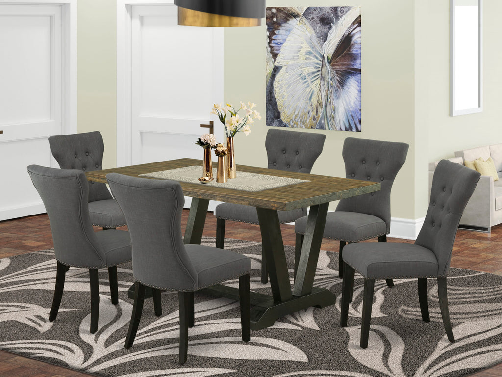 V676GN0Q3-U 7 Piece Dining Set with Stylish V-Leg Table and Dark Gotham Parson Chairs in Multi-Color Accent