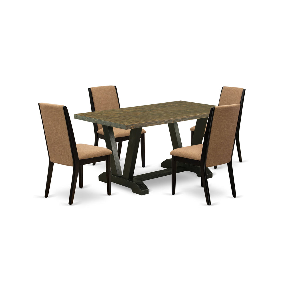 V676LDEXH-J Elegant 5 Piece Dining Set with Stylish V-Leg Table and 4 Parson Chairs, Linen Upholstered