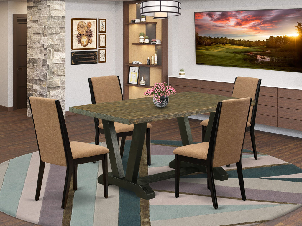 V676LDEXH-J Elegant 5 Piece Dining Set with Stylish V-Leg Table and 4 Parson Chairs, Linen Upholstered