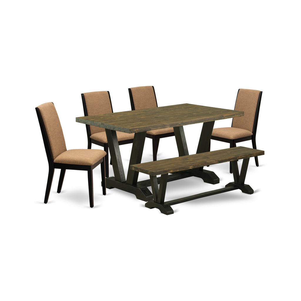 Dining Set V676LX25J-I with Rectangle Table, V-Shape Legs & Chairs plus Bench Multi-Color Blend